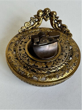 MCM Hollywood Regency Evans brass filigree & Cherubs Crystal table lighter